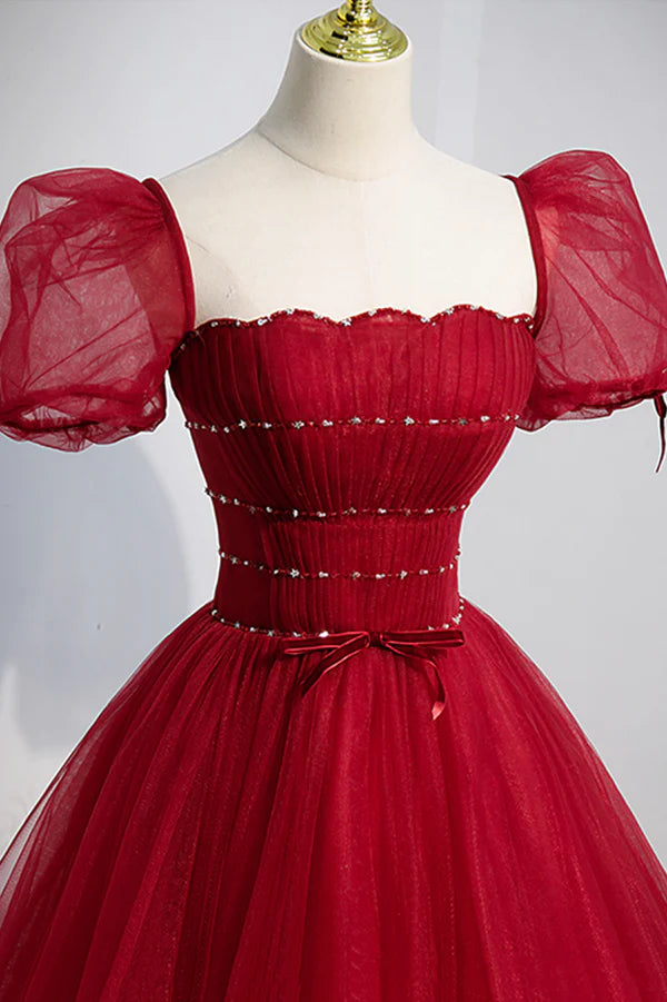 Wholesale Red Tulle Floor Length Evening Party Dress Red Short Sleeve Graduation Dress